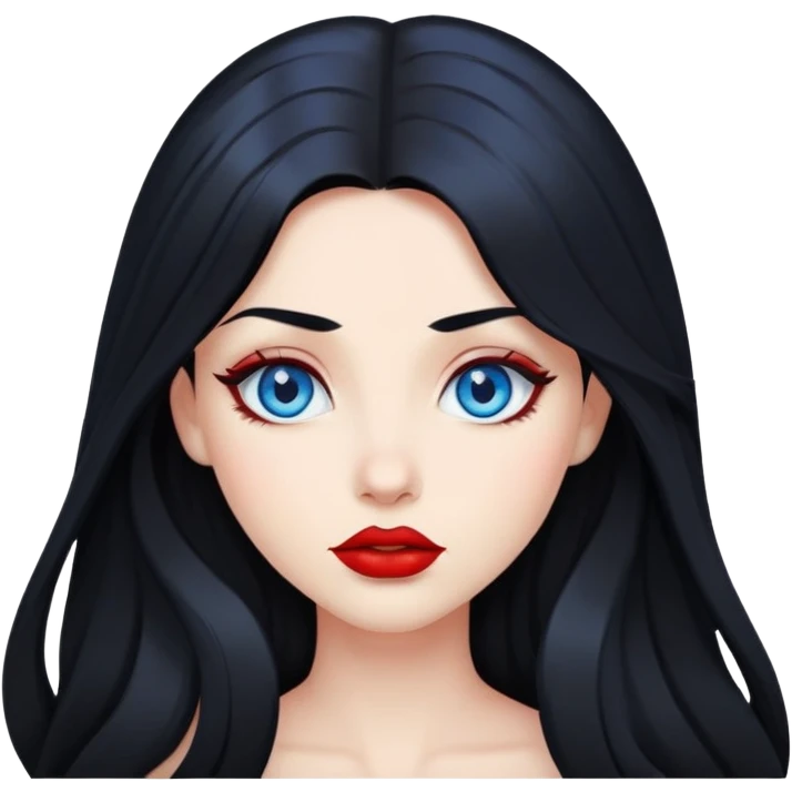 character with long jet black hair, blue eyes, and red lips emoji