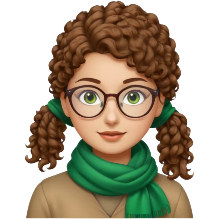 iranian woman, tight curly light brown hair in one high pony tail, glasses, green eyes, pretty, oval shape face, no hajib, scarf on neck emoji