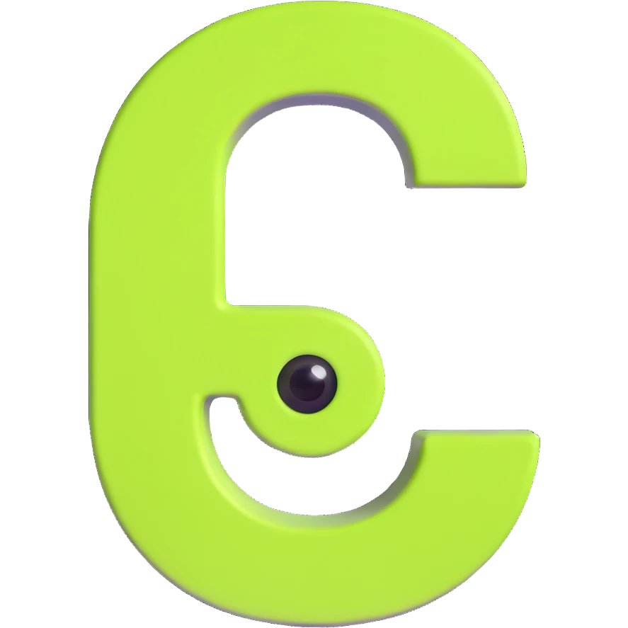 big bold letter C in lime green electric color with googly eyes on top, extra shiny and playful emoji