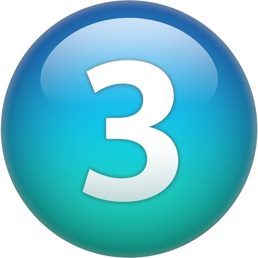 Glossy 3D sphere emoji, "3" bold white text centered, gradient from deep blue to mint green, glass reflection highlight, bubble style icon emoji