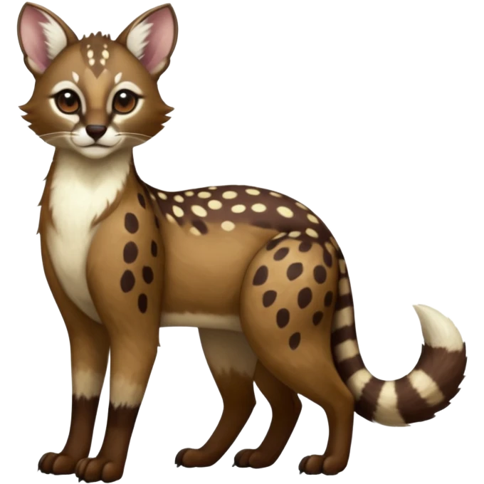 Colorful dark chocolate-brown tropical beige fur glorious divine exotic cute cool beautiful shiny beautiful fantasy-caracal-civet-genet-sergal-vernid-Cacomistle-oncilla-animal-Fakémon-hybrid-fursona with white deer-spots pattern markings (full body) emoji