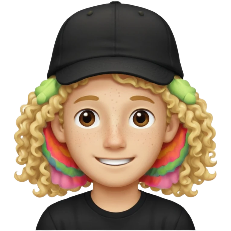 blonde boy with long curly hair past his hears and a LA hat, smiling, wearing a black shirt with freckles emoji