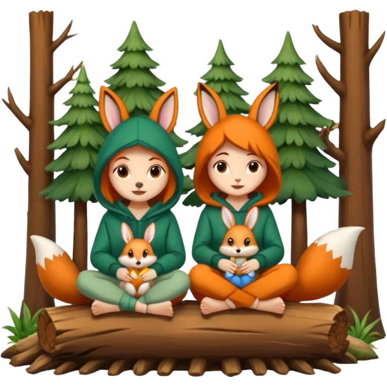 two forest women with cute fox and rabbit hoodies sitting together on log emoji