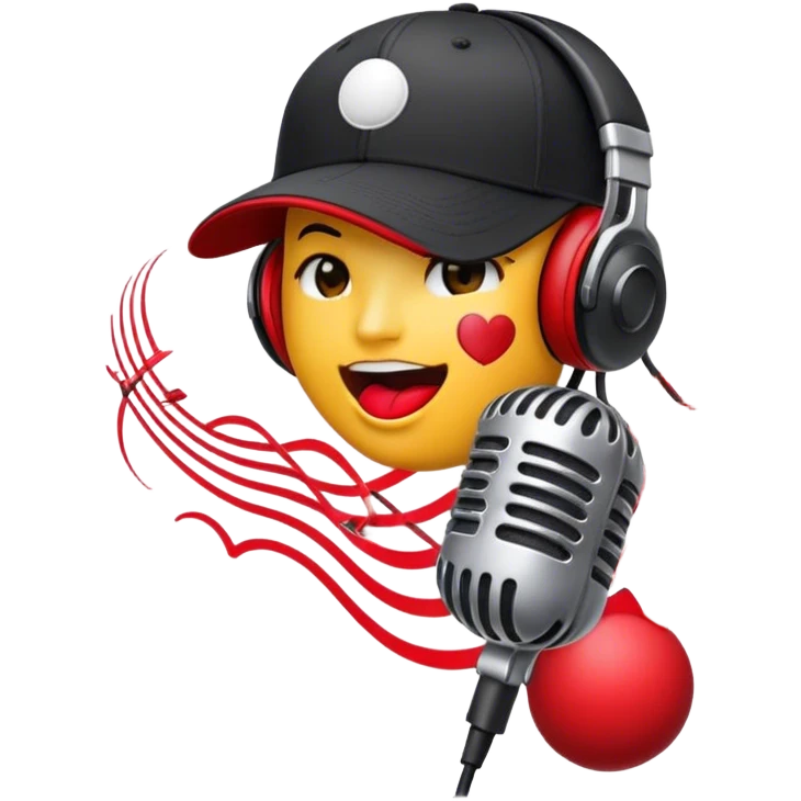 Create a dynamic and energetic emoji that represents beatboxing. The design should feature a stylized microphone with lips and sound waves emanating from it and baseball cap on it, symbolizing vocal percussion and rhythm. Add elements like headphones or a subtle speaker to emphasize the music production aspect. Use bold colors like black, white, and red to convey the intensity and creativity of beatboxing. The background should be transparent. emoji