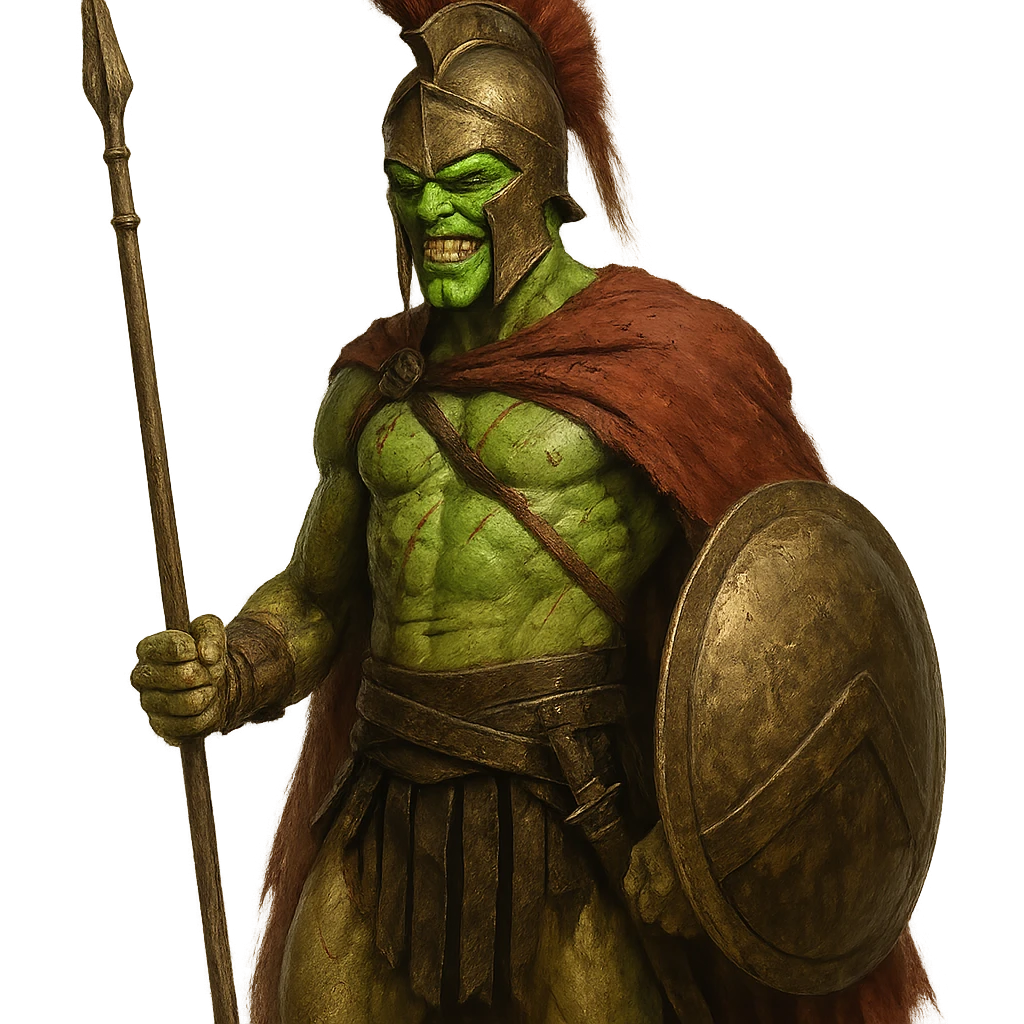 the green-faced mask character from the movie 'The Mask' reimagined as an ancient Greek warrior in the style of the movie '300' emoji