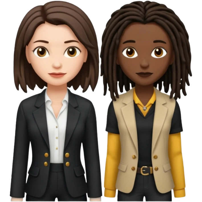white woman brunette with short hair feminine clothes. And black woman with long dread locks with more masculine clothes emoji