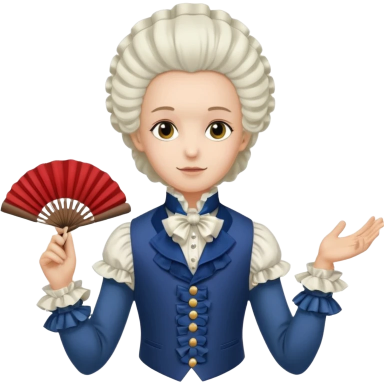 An emoji portrait of a French aristocrat. He wears a powdered wig and a silk waistcoat with a ruffled jabot. His expression is poised and refined, and he holds a fan. emoji