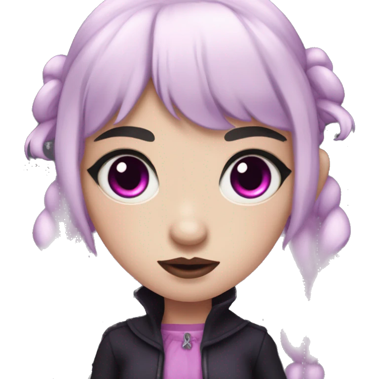 teenage vampire girl with pale pink skin, purple eyes, black hair with pink streaks, pigtails with bangs emoji