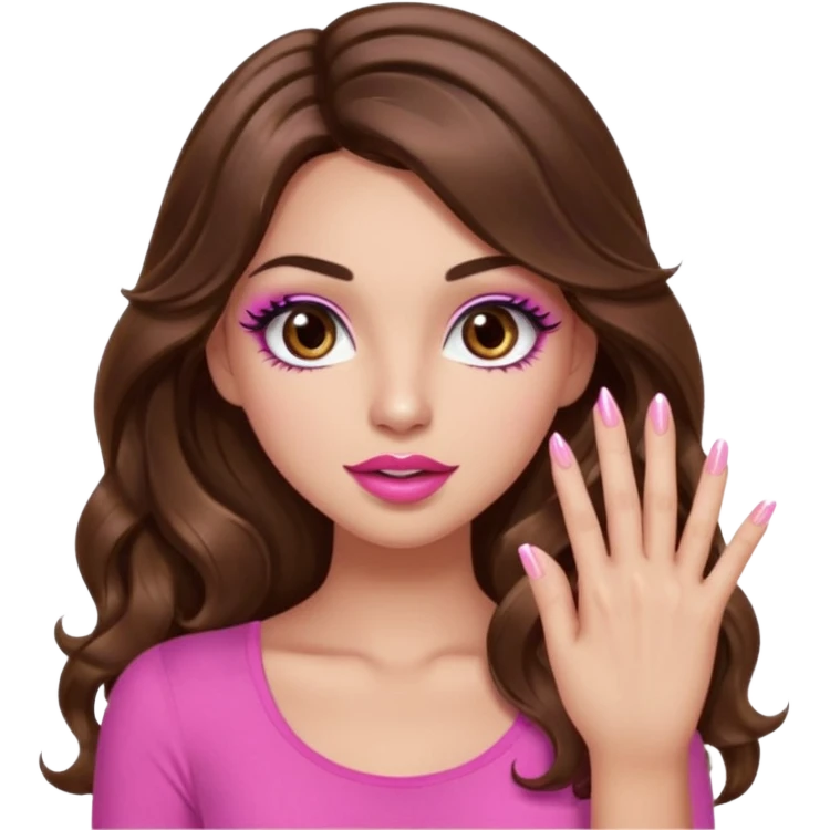 girl with long wavy brown hair, brown eyes, light to medium complexion, in a pink sexy top, pink lips, long lashes, puckered lips, showing my manicure one hand 5 fingers emoji