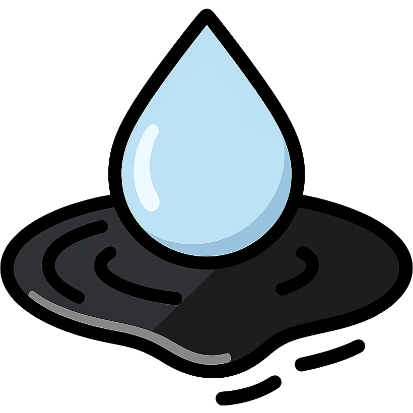 light blue or silver water droplet sliding on glossy black mirror-like paint, main color glossy black, subtle repellent effect with water lines moving away, modern and clean icon emoji