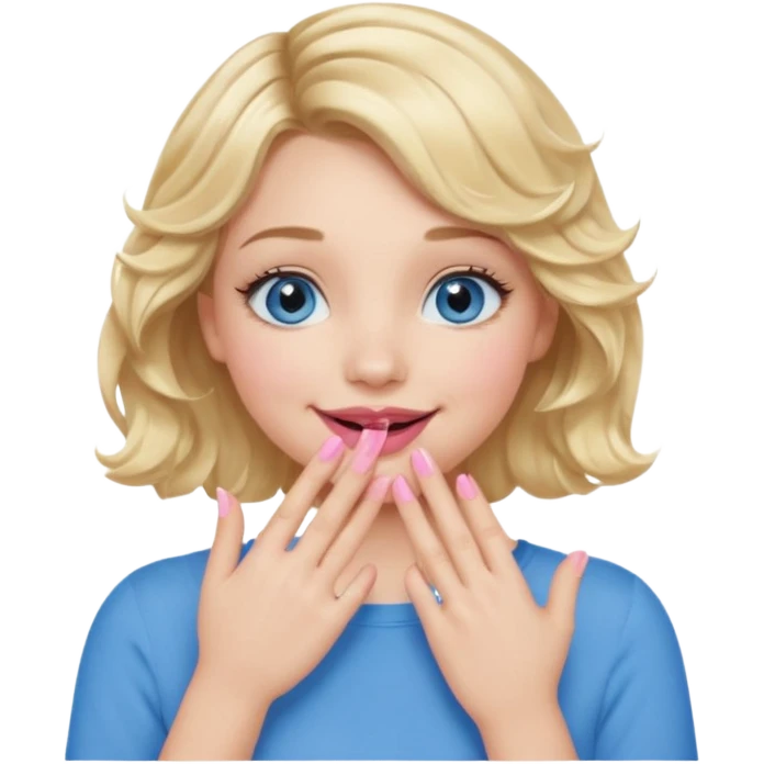 Girl Blonde short wavy hair,  blue eyes, cute blue top, long lashes, pink lips, smiling, hand covering the mouth emoji