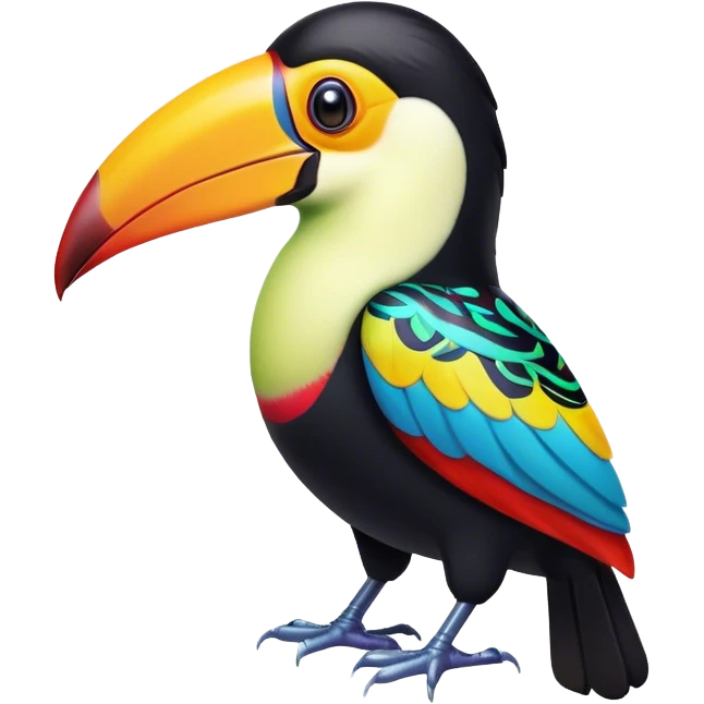 Cinematic Noble Toucan Portrait Emoji, Poised and regal, with a vibrant, striking beak and a sleek, colorful body adorned with bold patterns and keen, observant eyes, Simplified yet sharp and sophisticated features, highly detailed, glowing with a soft, tropical radiance, high shine, intelligent and majestic, stylized with an air of exotic elegance, focused and alert, soft glowing outline, capturing the essence of a watchful and confident avian guardian that appears ready to take flight out of the screen with effortless authority! emoji