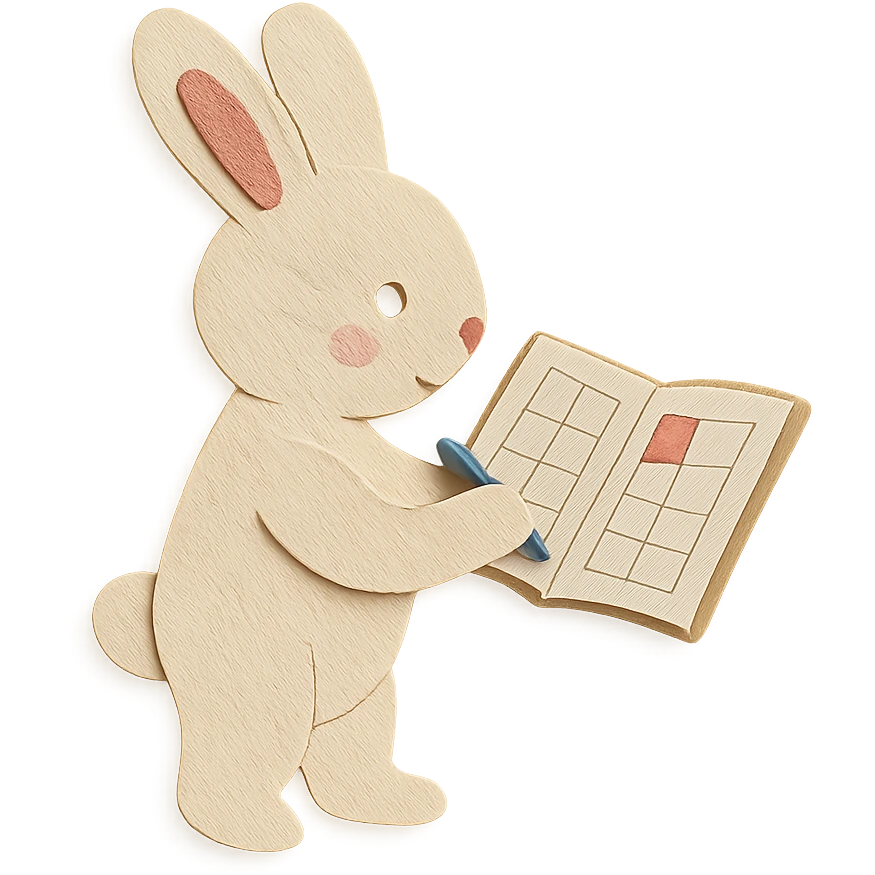 highly detailed, high quality paper craft style illustration of a cream-colored bunny standing and writing in a planner, intricate textures, soft lighting, delicate cut-paper details emoji