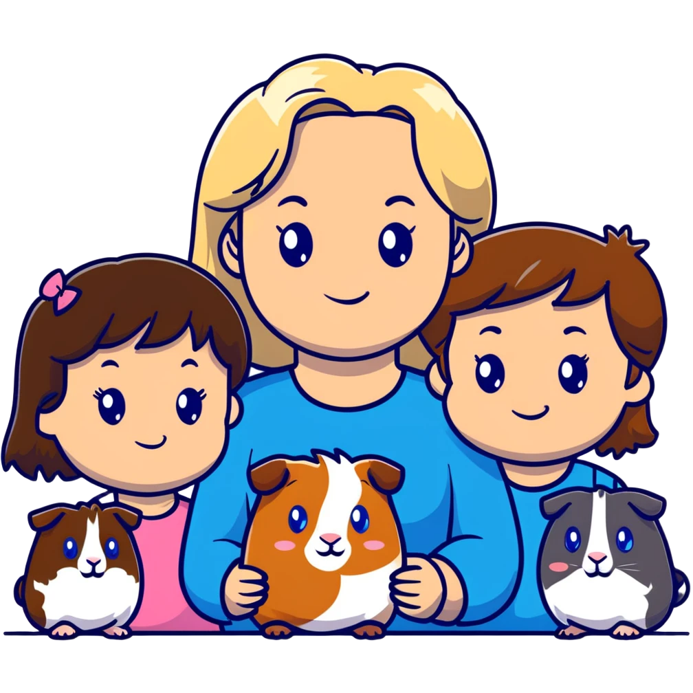 Family portrait with father with dark brown hair and blue eyes, mother with light brown hair and blue eyes, three blonde little girls with blue eyes, plus a grey cat and two guinea pigs emoji