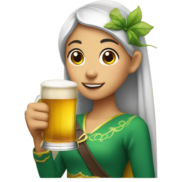 Asian girl with elf ears drinks beer emoji