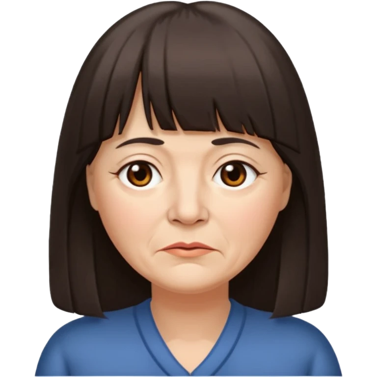 60 yr old woman, long hair down back, very small brown eyes, long hair, straight dark brown hair, bangs, chubby, long face, very tired emoji