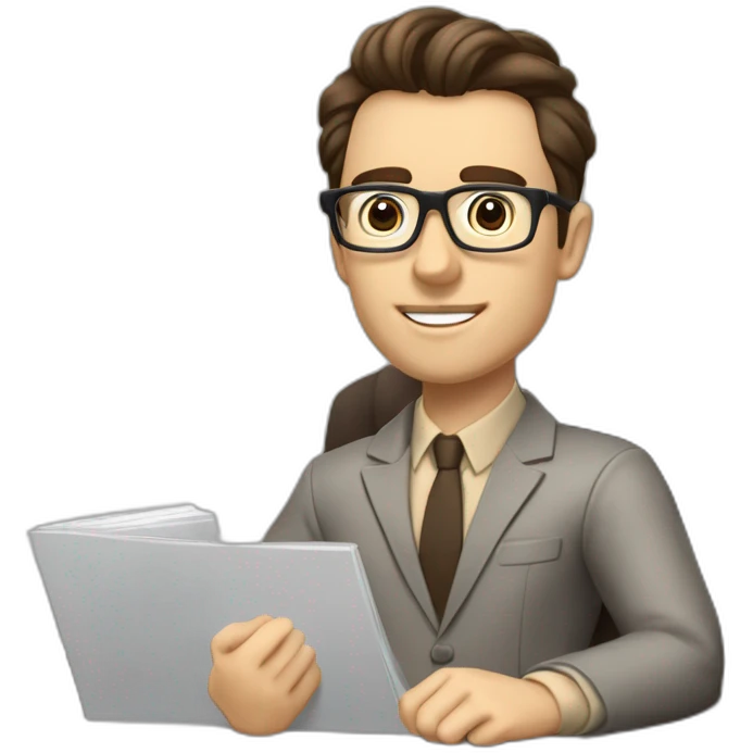Pale skinned Fit Man With dark brown hair in gray jacket, beige office shirt, Brown pants and vintage glasses sitting In a soft chair with a notebook on spring with emblem Ψ and a pen emoji