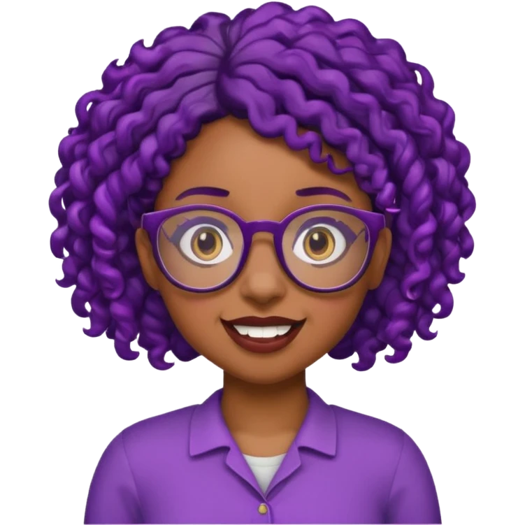 nerd emoji like with glasses showing only her 2 buck teeth but it’s a black girl with purple black curly hair no shoulders emoji