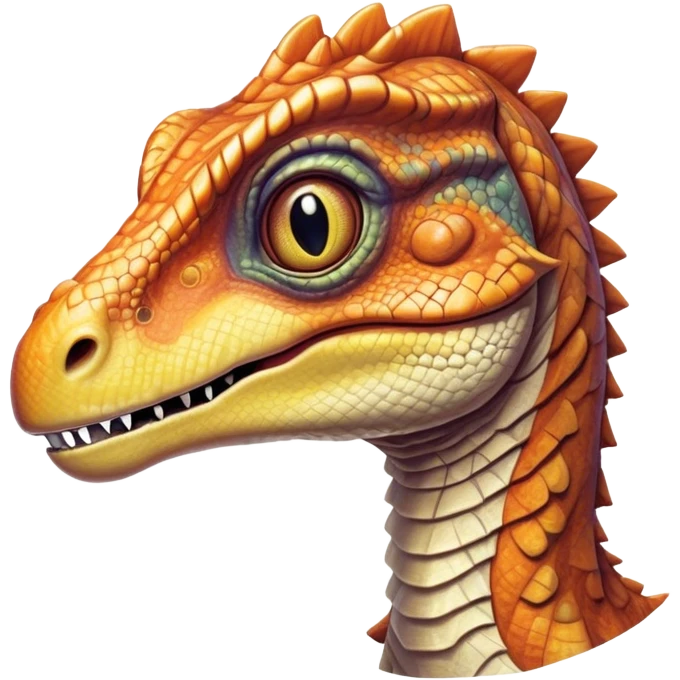 Cinematic Realistic Cute velociraptor/T-rex Portrait Emoji, Head tilted playfully and inquisitively, featuring a compact, slightly rounded build with intricately detailed, textured scales in natural hues and a surprisingly endearing face with bright, curious eyes, rendered with lifelike clarity and warm natural light, high shine, affectionate and quirky, styled with a touch of prehistoric whimsy, soft glowing outline, capturing the essence of a mischievous yet lovable velociraptor/T-rex that seems poised to stomp playfully into your arms! emoji