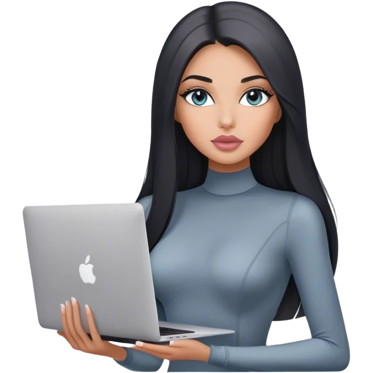 Glamours, tanned, very beautiful girl, with big pump peach-beige-rose lips, black straight smooth silky long hair, straight parting, blue-grey eyes, in grey bodysuit holding MacBook emoji