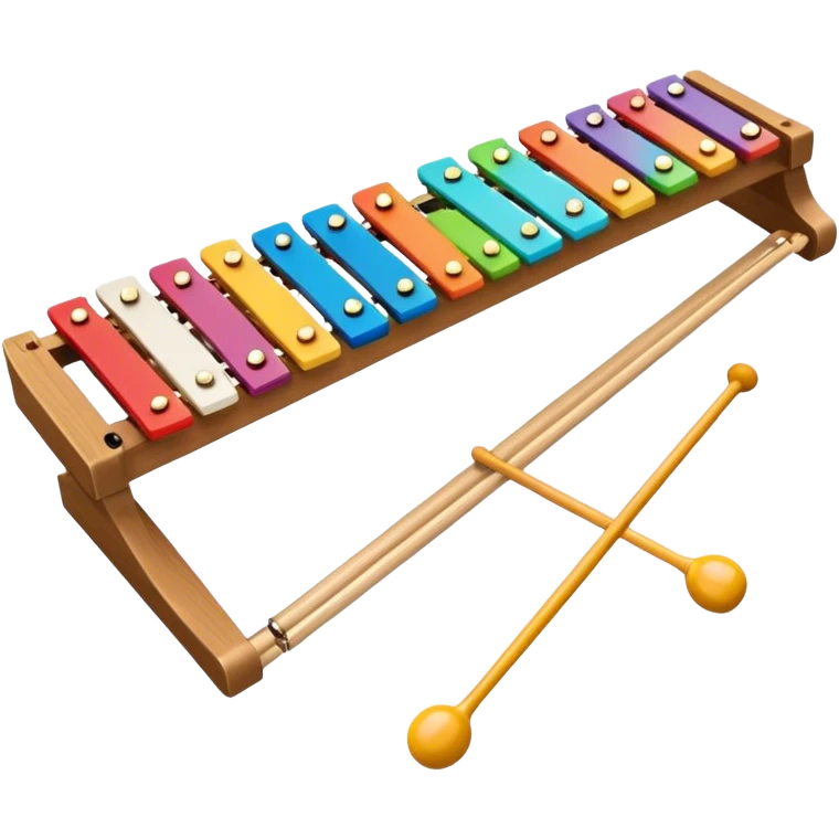 Create a vibrant and detailed emoji representing a Fleet FLT-SX37 xylophone. The design should feature the sleek wooden keys of the xylophone, arranged neatly on the frame, with metal bars clearly visible. Add the mallets placed beside the instrument or in motion, highlighting their soft rubber heads. Use warm, natural wood tones for the keys, with subtle metallic accents to reflect the professional quality of the instrument. Add small musical notes or soundwaves around the xylophone to evoke its bright, percussive sound. The background should be transparent. emoji