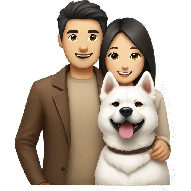 Happy Asian couple with White Japanese Akita and brown Multipoo dog emoji