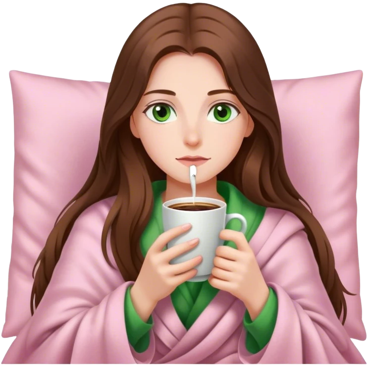 A pretty white girl with very long brown hair and green eyes in a light pink blanket sipping coffee emoji