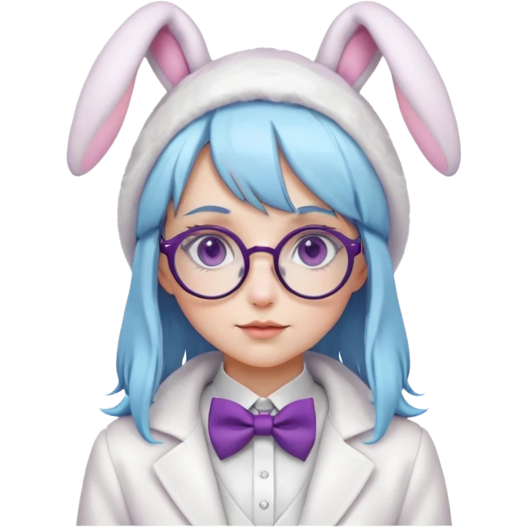Anime, girl, light blue hair, purple eyes, white coat, bowtie, white top hat with bunny ears false, white bunnysuit, round lenses glasses  emoji