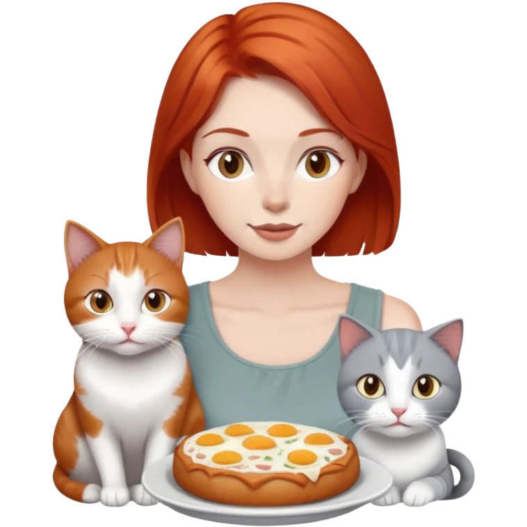 Red haired Woman sharing food with grey white cat emoji