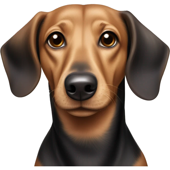 mixed breed dachshund labrador retriever dog with floppy ears, tan and black and red hair, and a long tongue emoji