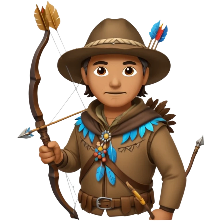 A classic middle-aged hunter with a bow and arrow on his back, dressed in brown clothes and adorned with decorations made of feathers or bone teeth emoji