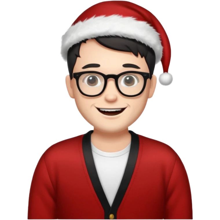 white man wearing glasses, black short hair dressed as sexy hipster Santa in a cardigan, cute smile with teeth emoji