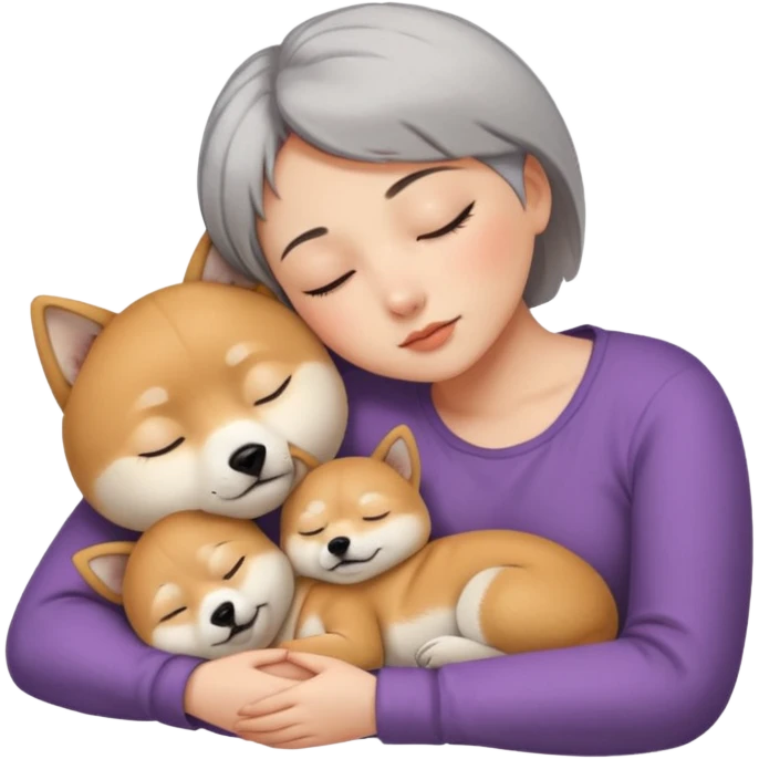 Create a short hair gray hair girl sleeping cuddling with one shiba emoji