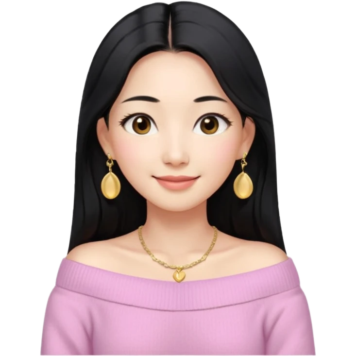 South Korean girl in her mid-thirties with long black hair and a middle part. She is wearing a baby pink, off the shoulder long sleeve knit sweater. She has small gold earrings and a gold necklace. She has brown eyes with narrow, mono lid shape and smiling with lips together emoji