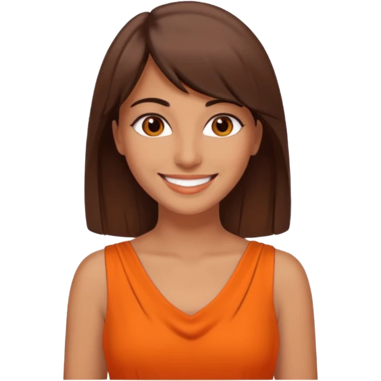 30 yr old middle eastern woman straight brown hair side bangs big smile tanned skin brown eyes orange dress emoji