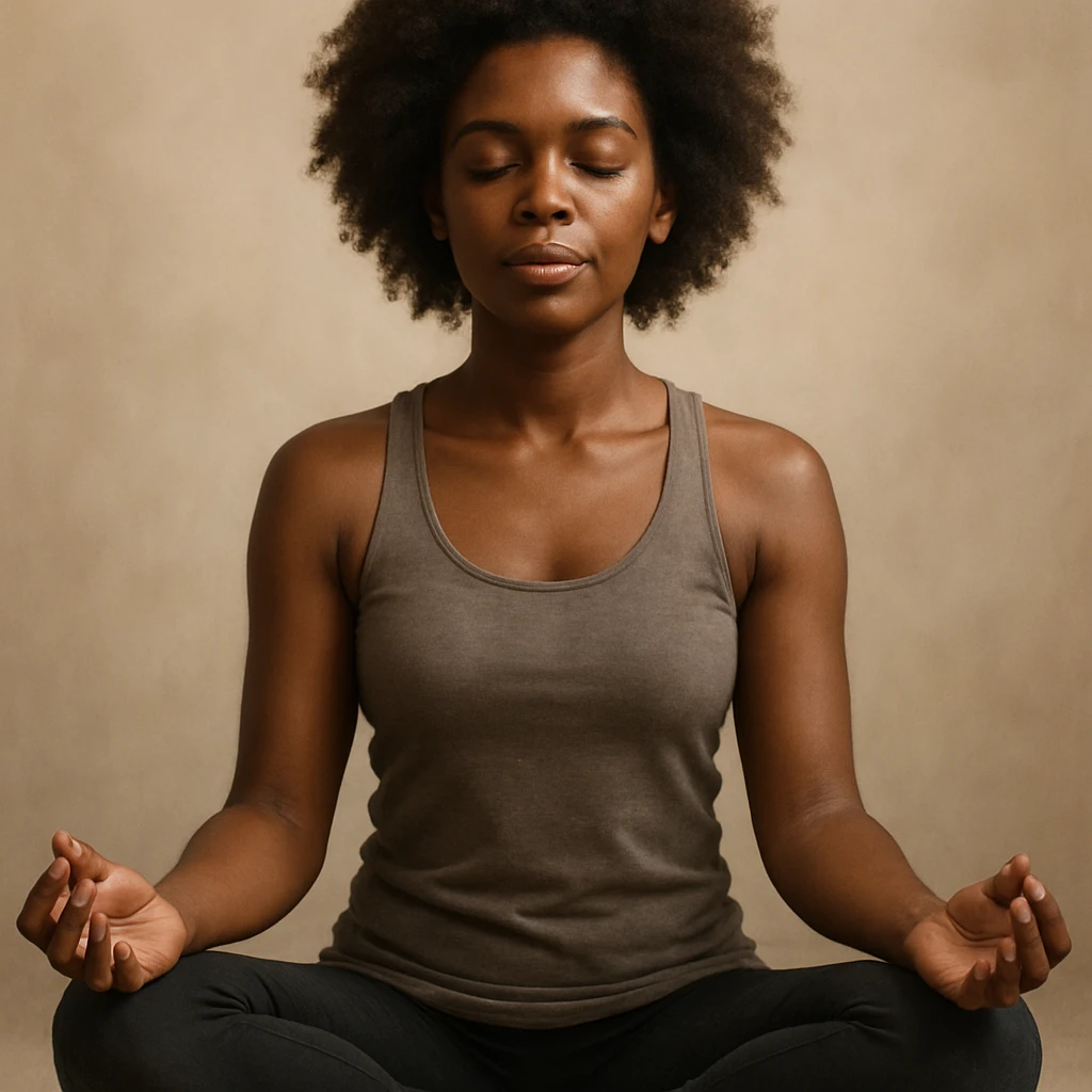 realistic style portrait of a black woman meditating, sitting in lotus position, with a soft background emoji