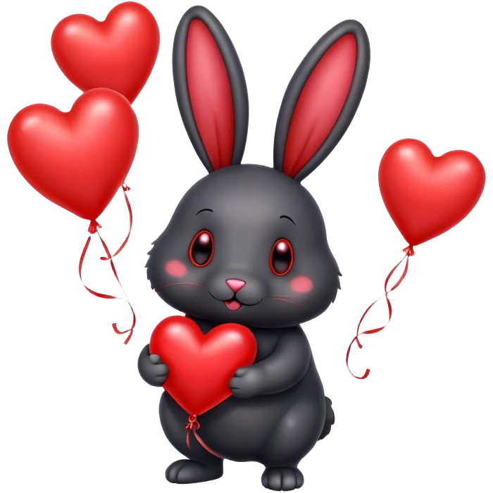 fat black rabbit with drooping ears and red metallic heart-shaped balloons emoji
