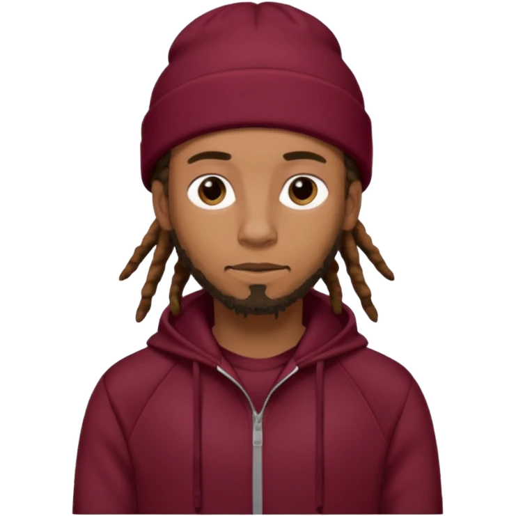Animate a caramel skinned male with brown dreads and a tan beanie with a burgundy tracksuit on with no beard  emoji