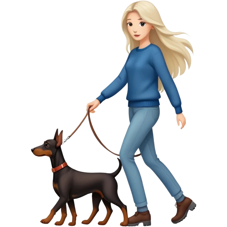 A beautiful long-haired white woman wearing a sweater walking a Doberman emoji