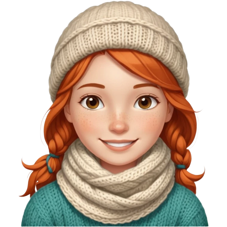  A smiling girl with freckles across her nose, in a cozy knitted scarf. emoji