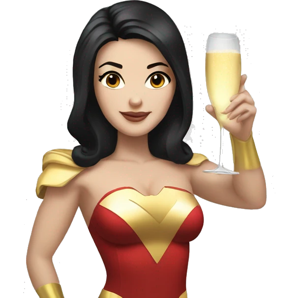 White girl in a superwoman costume with black hair holding a champagne bottle emoji