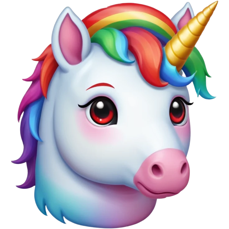 Small chubby unicorn in colour jade, black and red eyes, faring rainbow emoji