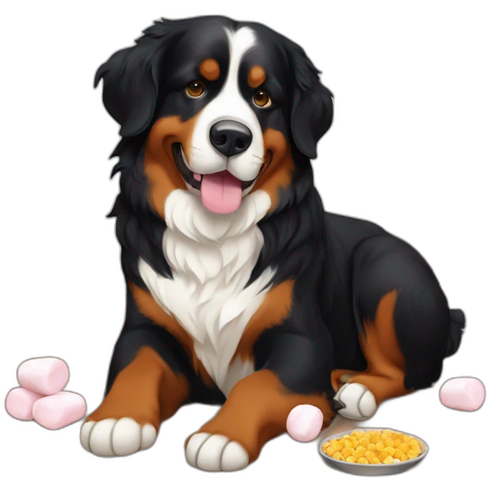 bernese mountain dog eating marshmallows cooked over fire place emoji