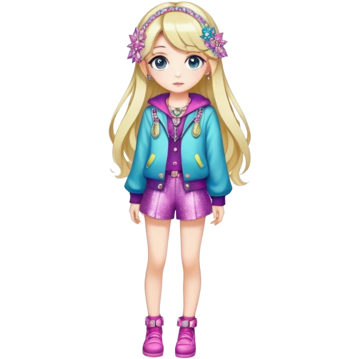 Pretty, stylish, kawaii, sparkly, lovely, shiny, accessories, anime style, character, real life, big eyes, cute, gorgeous hair, full body, stylish clothing, lady, young, romantic, colorful, detailed, cool design, aesthetic emoji