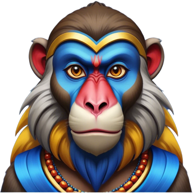 Cinematic Noble Mandrill Portrait Emoji, Poised and regal, with a striking, powerful build and a vivid, multicolored face accented by bold blue, red, and yellow hues, deep-set soulful eyes, Simplified yet sharp and sophisticated features, highly detailed, glowing with a vibrant, dignified glow, high shine, intelligent and commanding, stylized with an air of exotic majesty, focused and attentive, soft glowing outline, capturing the essence of a watchful and confident primate, so majestic it feels as though it could step out of the screen with effortless authority! emoji