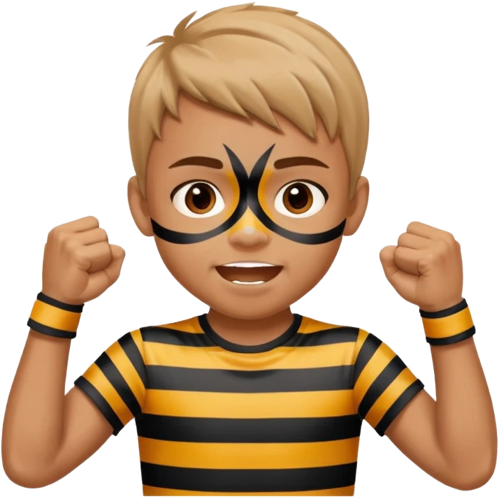 A boy with stripes face paint across his cheeks, raising his fists in excitement. emoji