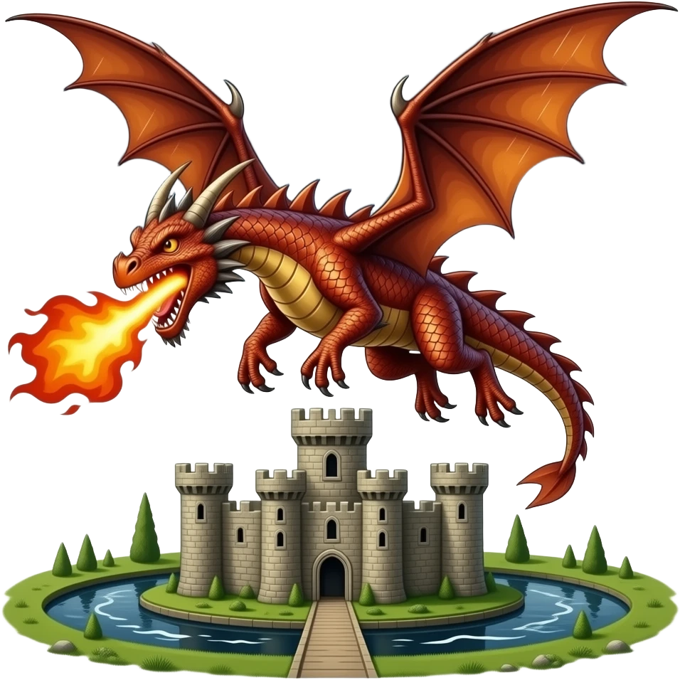 Fire breathing Dragon flying above a castle with a moat emoji