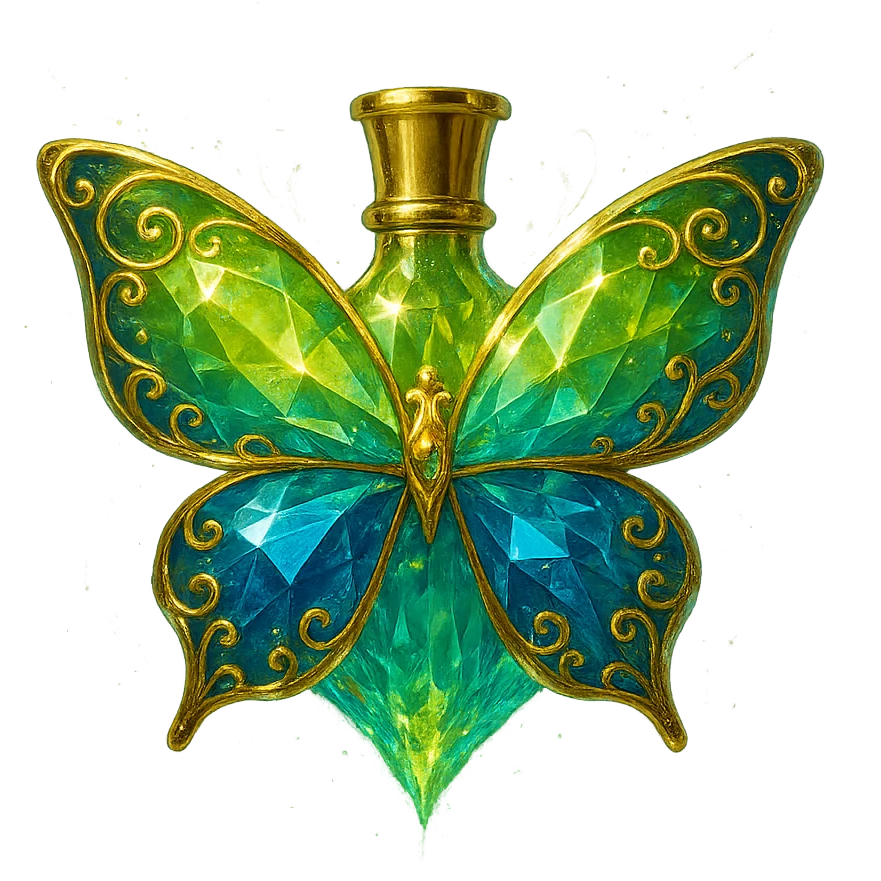luxurious crystal butterfly-shaped bottle with short gold neck (no crown), green (#c0ff53) and blue colors, more glowing, ornaments, decorations, magical effects, golden details, premium class, transparent background, beautiful merging bottom, bottle clearly floating in the air, no base or shadow, very similar to original. emoji