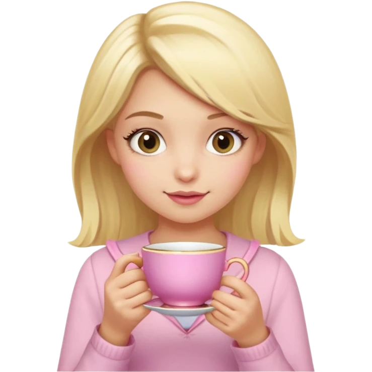 blonde girl with a mischievous expression, holding a pink teacup, Gossip Girl vibe emoji