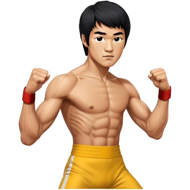 Cinematic Realistic portrait of Bruce Lee, shown as a legendary martial artist in a dynamic, powerful pose with modern athletic attire and finely detailed muscle definition, rendered in dramatic action lighting emoji